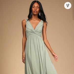 Lulu’s Easy To Love You Sage Brush Twist-Front Dress with Pockets